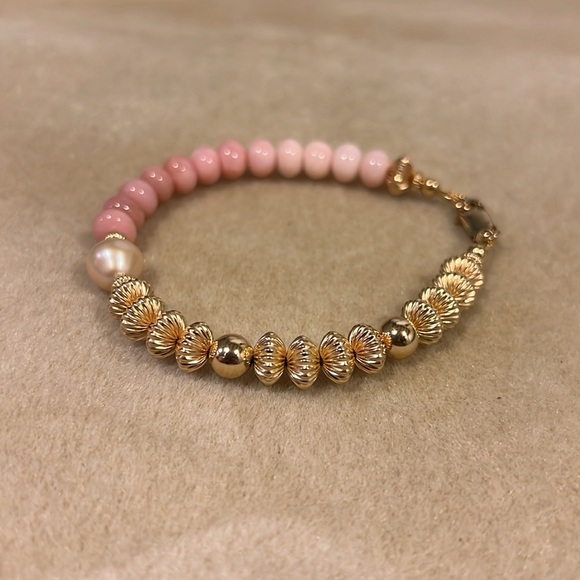 Pink Opal Baroque Pearl 14k Gold Filled Gemstone Handmade Bracelet - Picture 3 of 7
